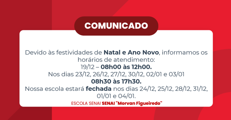 Horário de atendimento em virtude de Natal e Ano Novo