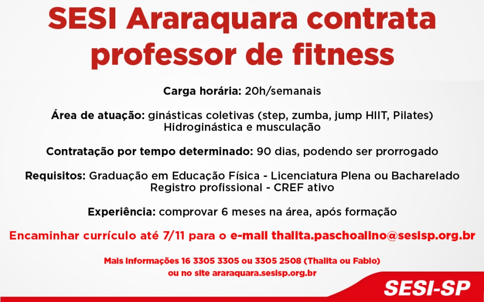 SESI Araraquara Contrata Professor Temporário de Fitness