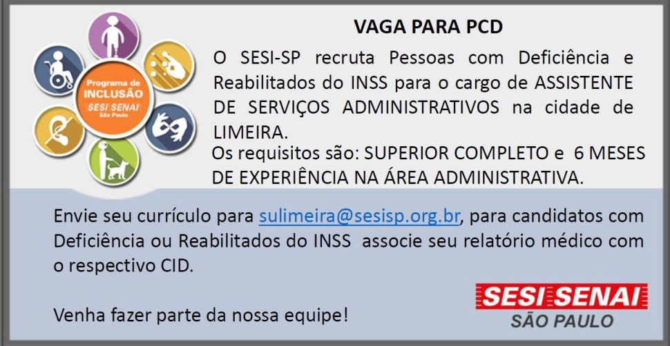 Vaga de Emprego para PCD - Assistente de Serviços Administrativos