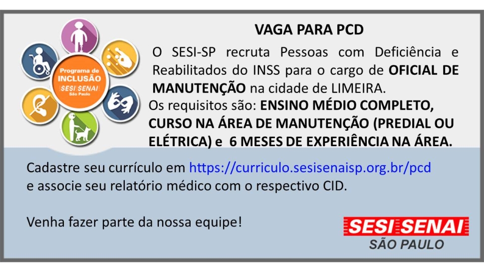 Vaga de Emprego para PCD - Oficial de Manutenção