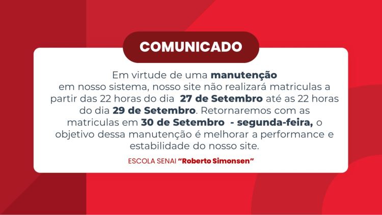Em virtude de uma manutenção em nosso sistema, nosso site não realizará matriculas das 22 horas do dia 27/09/2024 as 22 hora do dia 29/09/2024
