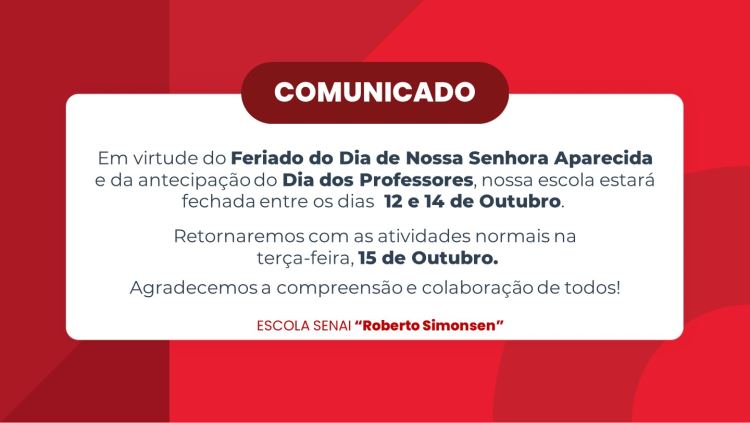 Comunicado sobre emenda de Feriado do dia  12/10 a 14/10