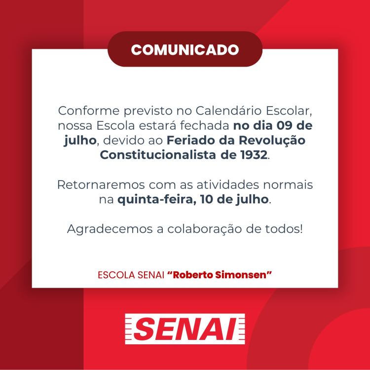 Comunicado - Feriado Revolução Constitucionalista